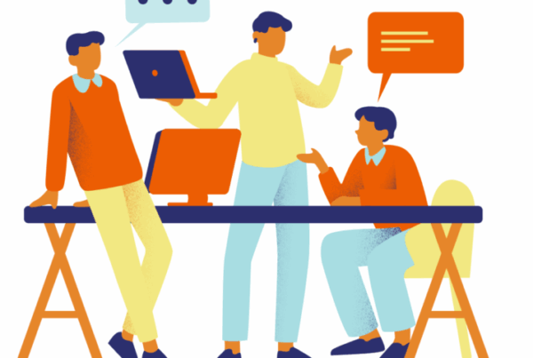 Dessin d'hommes qui discutent autour d'un bureau