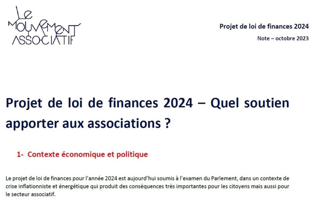 Première page du document "Projet de loi de finances 2024 - Quel soutien apporter aux associations ?" par le Mouvement Associatif