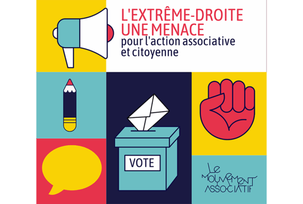 Visuel du Mouvement Associatif (logo en bas à droite) En haut la mention "L'extrême droite, une menace pour l'action associative et citoyenne" Figurent des images représentant un mégaphone, un crayon, une bulle de parole, une urne de vote, un poing serré levé.