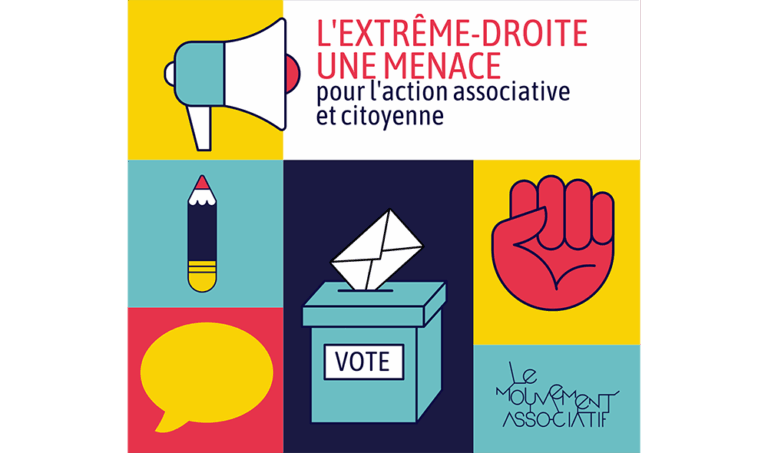 Visuel du Mouvement Associatif (logo en bas à droite) En haut la mention "L'extrême droite, une menace pour l'action associative et citoyenne" Figurent des images représentant un mégaphone, un crayon, une bulle de parole, une urne de vote, un poing serré levé.