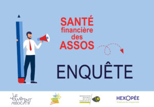 Sur fond bleu. À gauche un personnage avec un porte voix. Au milieu les inscriptions "Santé financière des assos ENQUÊTE". Sur une bande en bas il y a les logos des organisations qui portent l'enquête.