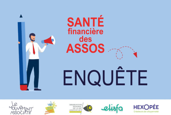 Visuel sur fond bleu ciel. À droite une illustration d'un homme avec un mégaphone. Santé financière des assos écrit en rouge. La mention "enquête" écrite en bleu. Sur une ligne en bas les logos des partenaires.