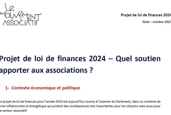Première page du document "Projet de loi de finances 2024 - Quel soutien apporter aux associations ?" par le Mouvement Associatif